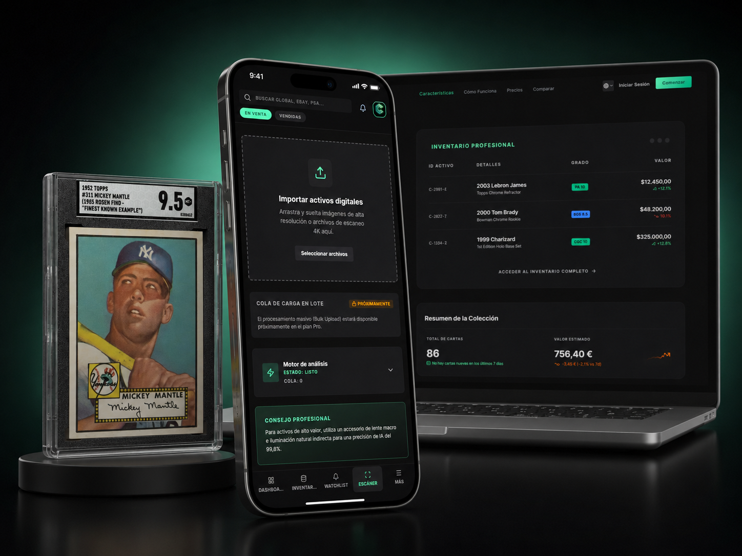 Experiencia móvil de CromoCollector para identificar cartas y consultar la colección.