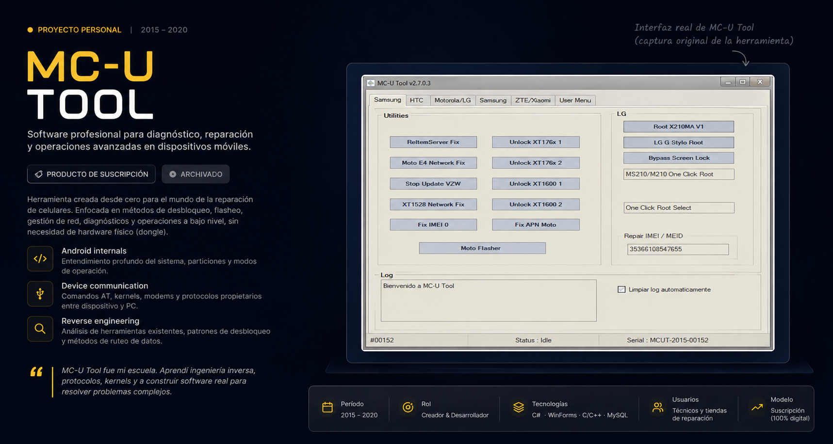 Interfaz histórica de MC-U Tool, herramienta de escritorio para operaciones técnicas sobre dispositivos móviles.