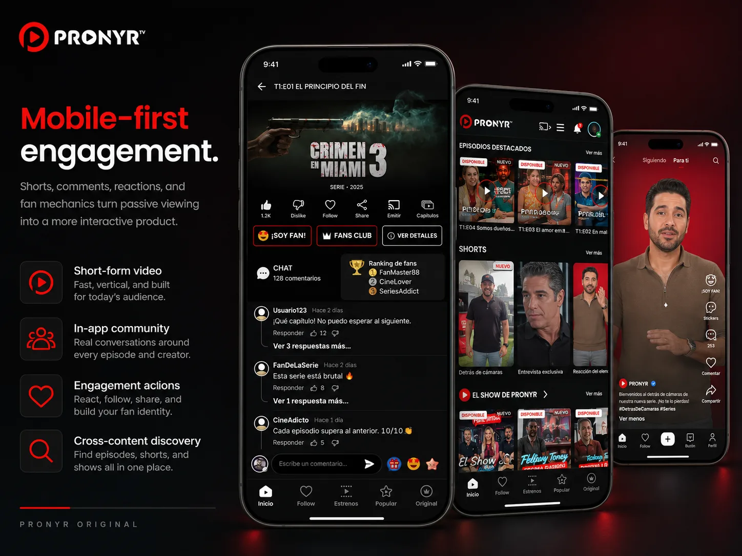 PRONYR TV: experiencia mobile-first con shorts, comentarios, reacciones y comunidad.