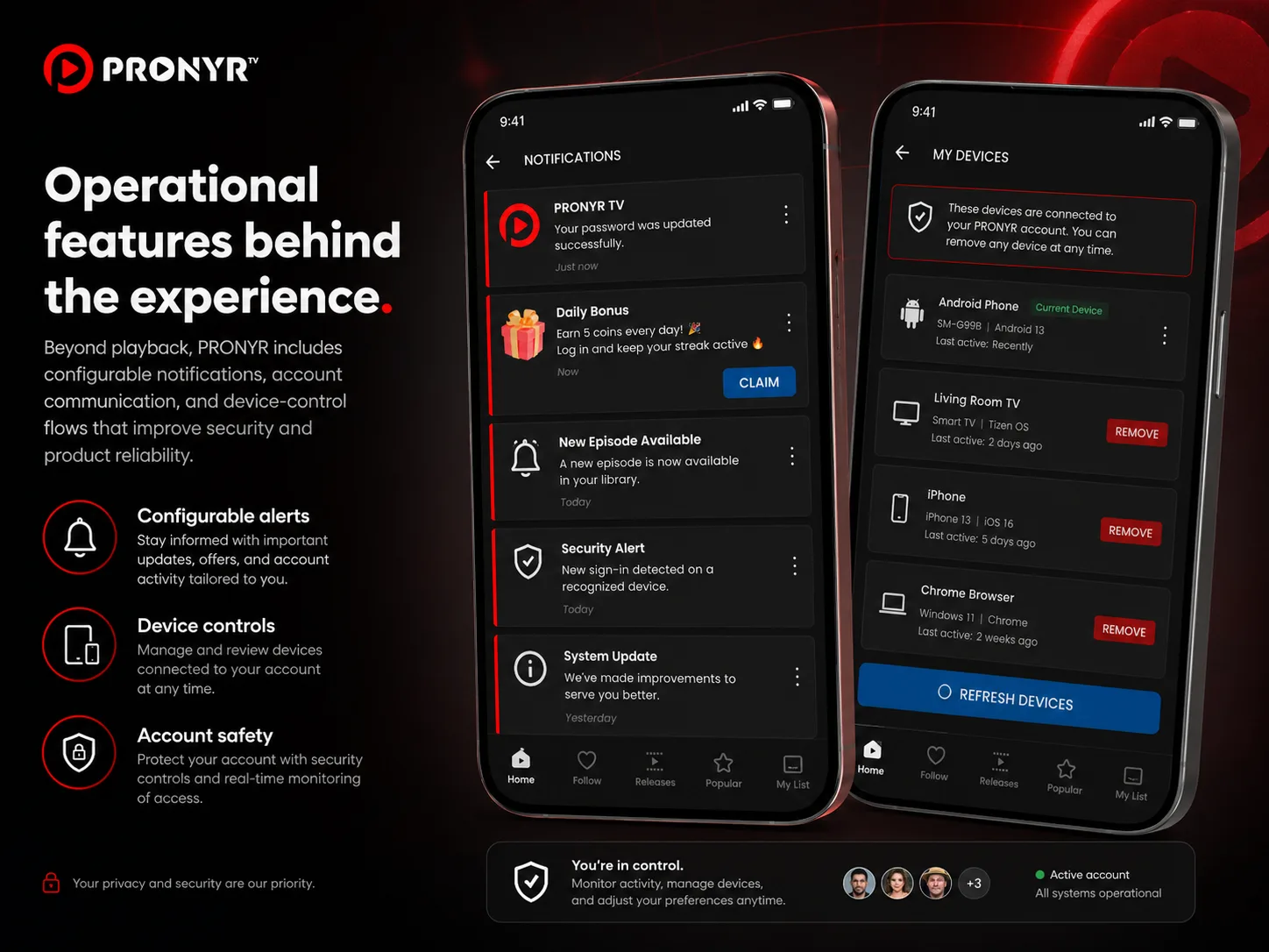 PRONYR TV: notificaciones configurables y gestión de dispositivos conectados.