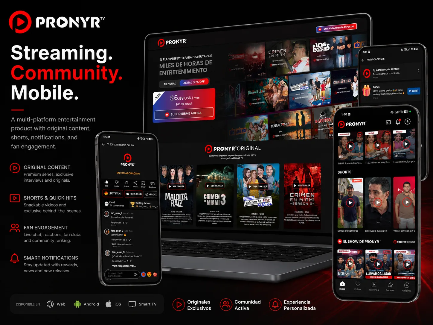 PRONYR TV: composición multiplataforma con catálogo, comunidad, shorts y notificaciones.