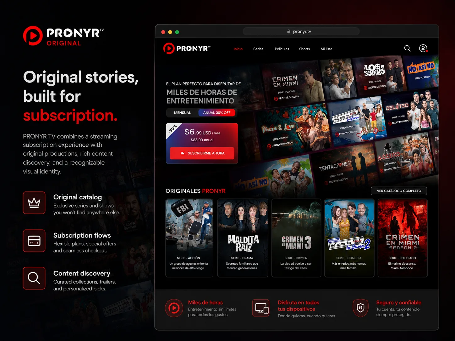 PRONYR TV: catálogo de contenido original con planes y suscripción desde la experiencia web.
