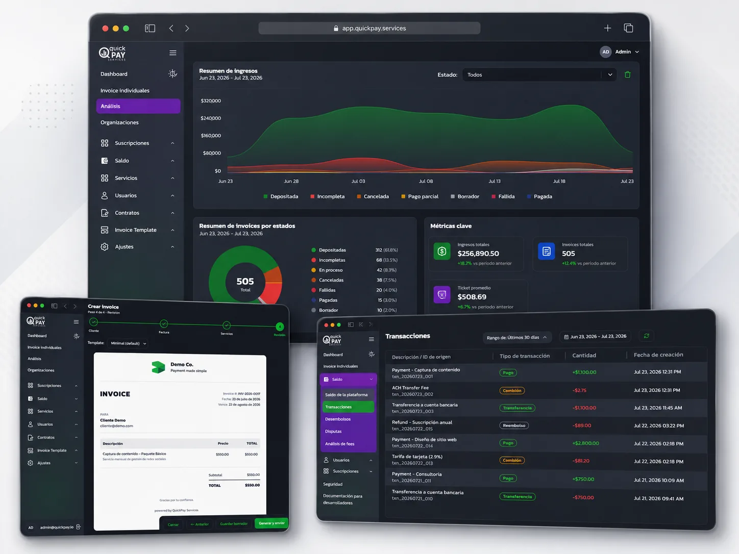 Quick Pay Services: composición con panel de análisis, creación de invoice y transacciones de demostración.