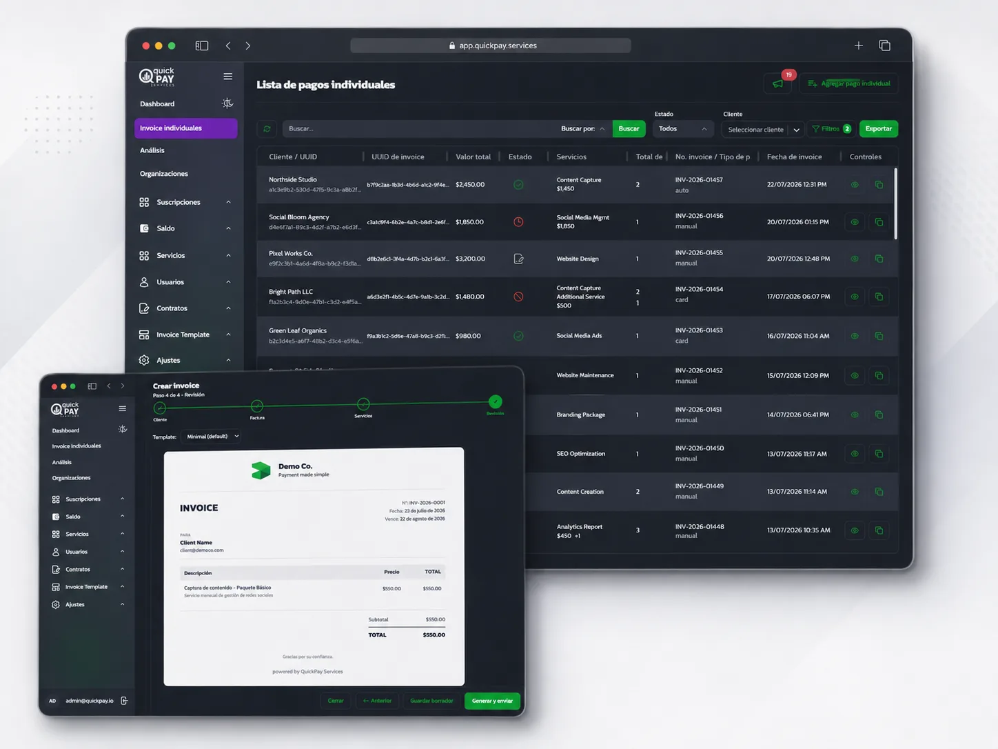 Quick Pay Services: listado de invoices individuales con estados, servicios y clientes de demostración.