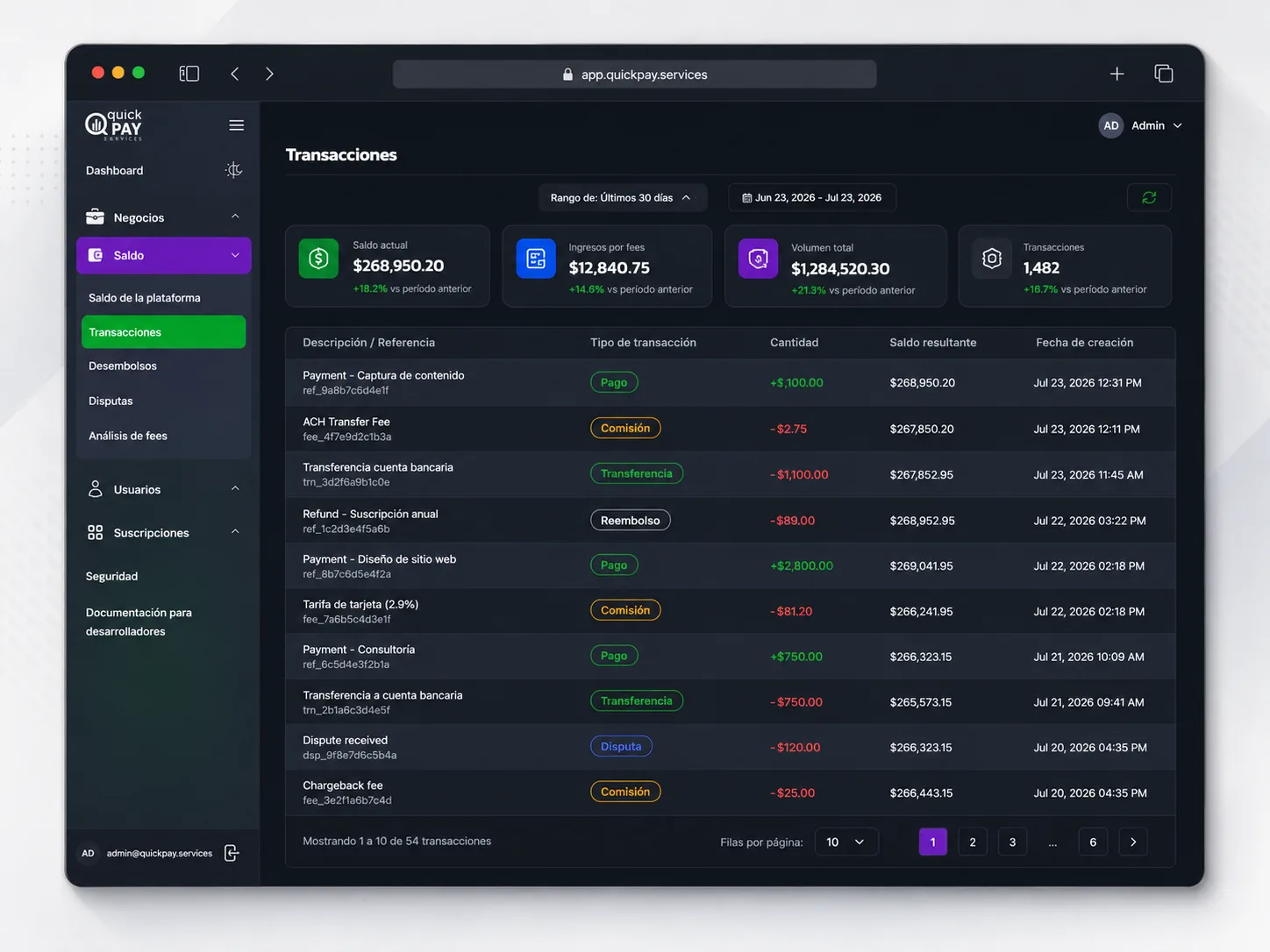 Quick Pay Services: dashboard de transacciones con saldo, comisiones, pagos y transferencias de demostración.