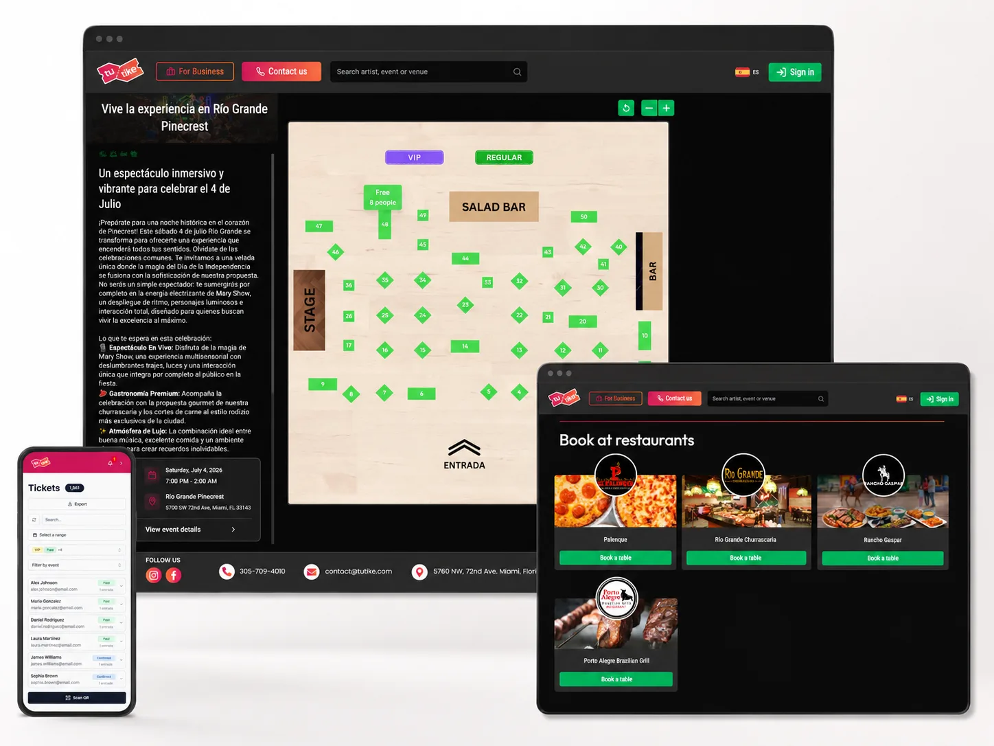 TuTike: experiencia pública de un evento con mapa de asientos y reservas de restaurantes.